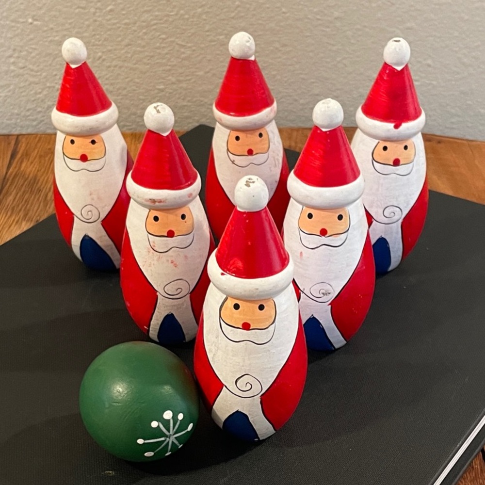 Vintage Handmade Wooden Santa Bowling Game | Folk Art Holiday Decor